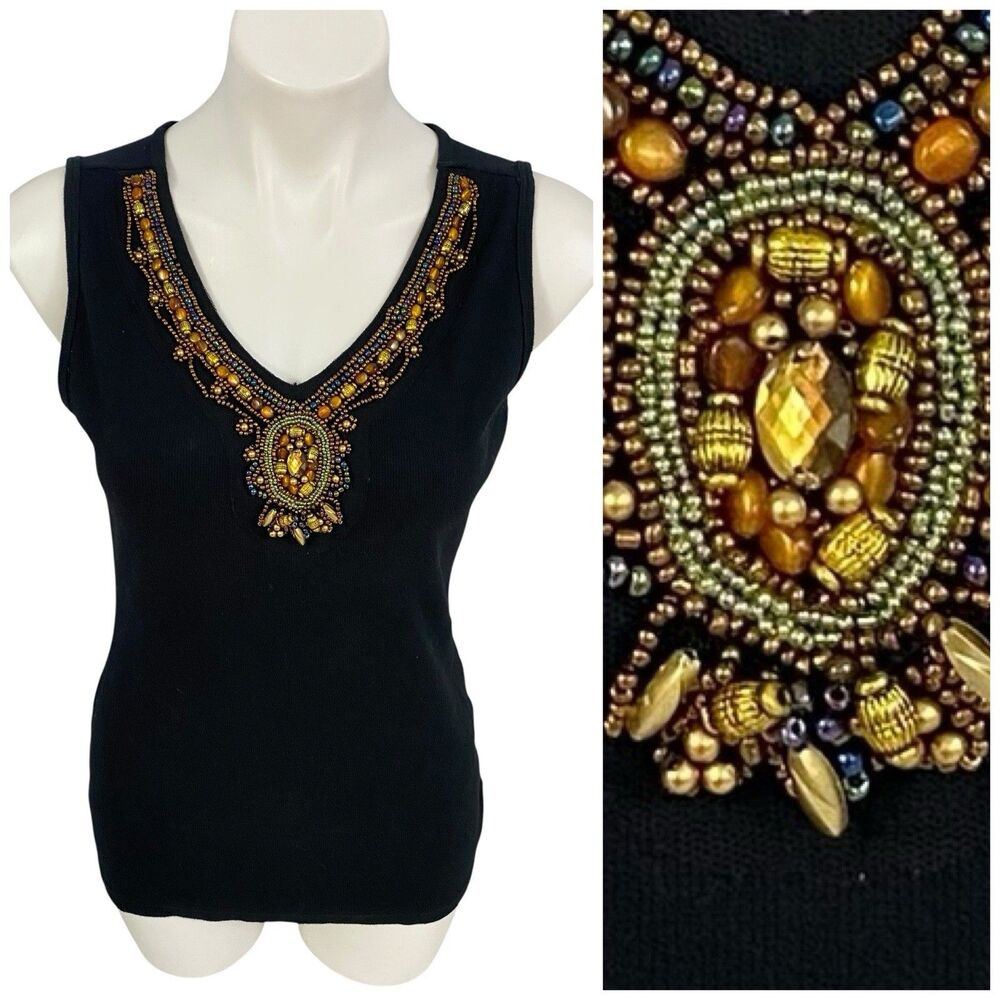 Dressbarn Tank Top Womens Sz Medium Beaded Black Work Office Glam Chic Festival